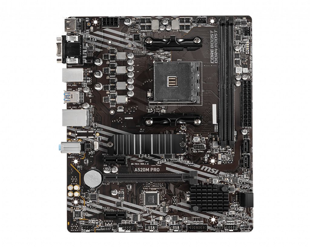 Placa de baza MSI A520M PRO, socket AM4, 2x DDR4 UDIMM, 4x SATA, 1x NVMe, 12x USB-A, mATX
