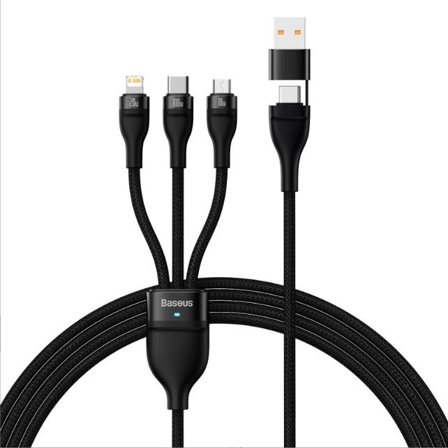 CABLU alimentare si date Baseus Flash Series 2 One-for-three Retractable, pt. smartphone, USB + USB Type-C la Micro-USB + Lightning Iphone + USB Type-C 100W, 1.2m, negru  CASS030101  (include timbru verde 0.25 lei) - 6932172608743