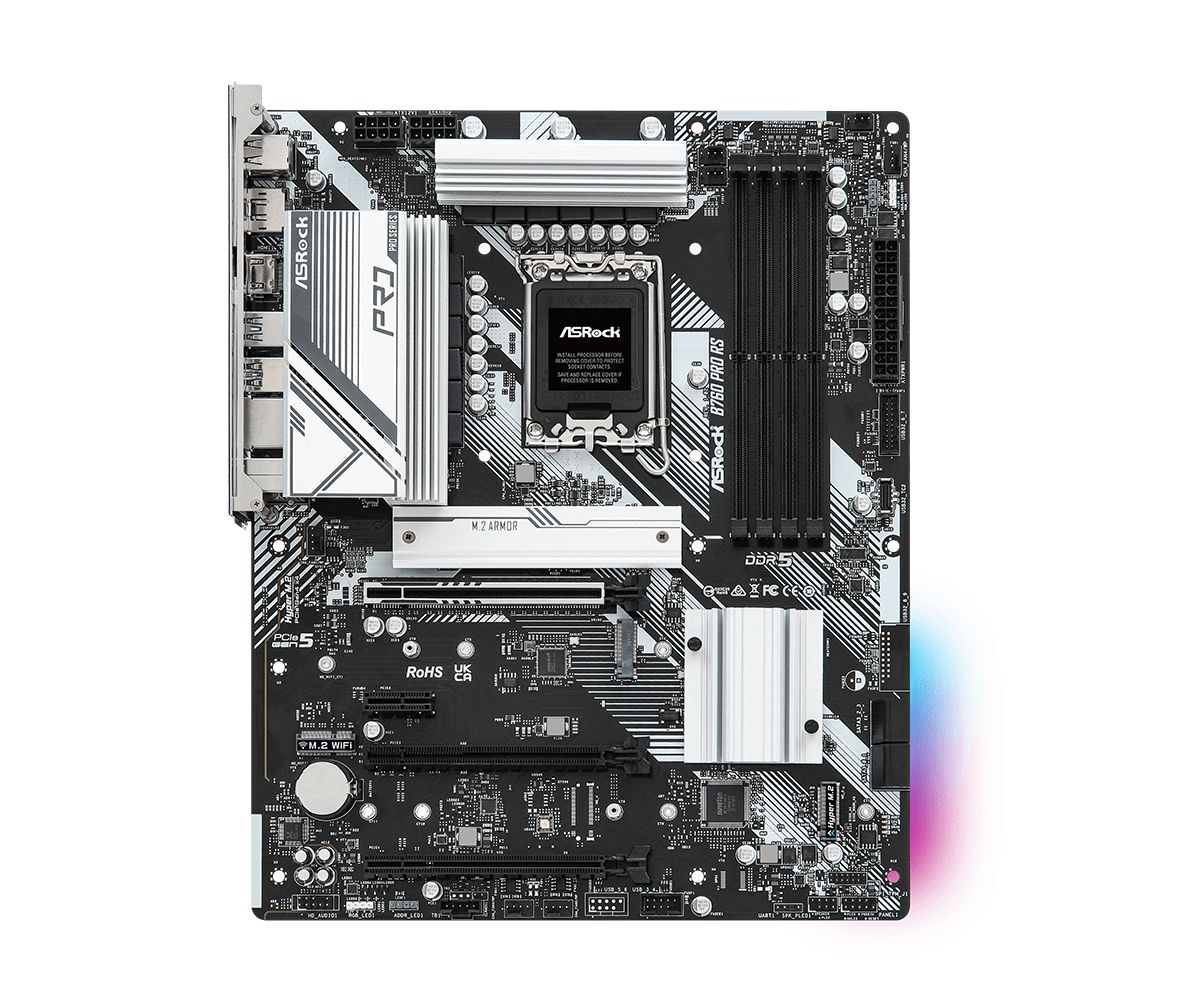 Placa de baza ASRock B760 Pro RS, socket 1700, 4x DDR5 UDIMM, 4x SATA, 3x NVMe, 11x USB-A, 2x USB-C, ATX