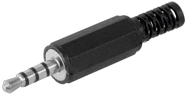 3.5mm Jack male plug, 4 contacts, stereo, plastic, with cable protector
Packaging: bulk 1 pc.