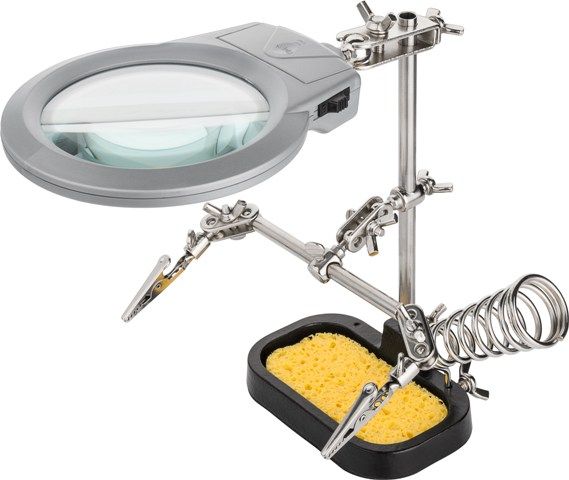 Stand with soldering hammer + magnifying glass (glass 90mm) 2x
- LED lighting
- sponge for cleaning the soldering iron
- 3xR03 batteries (not included in the package)
Packaging: box 1 pc.