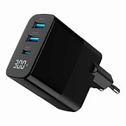 ALIMENTATOR retea 220V GEMBIRD, universal, 1 x USB Type-C D 30W, 2 x USB-A 3.0  QC 18W, LCD display, tehnologie GaN, negru,  TA-UC-PDQC30LCD-BK-02  (timbru verde 0.18 lei)