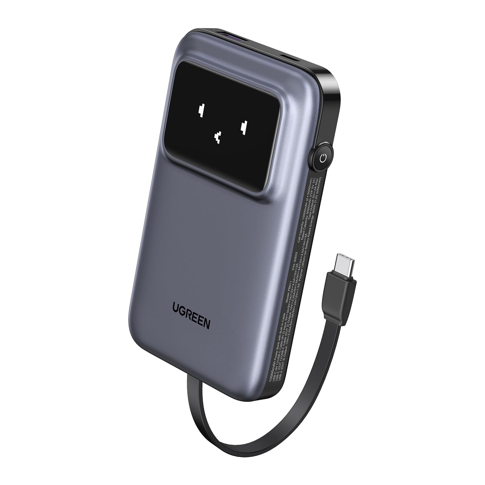 POWER BANK Ugreen  PB511 , 10000mAh, 30W, 1 x USB Type-C input/output, 1 x USB, cablu USB Type-C inclus, display, gri,  35603B  (timbru verde 0.98 lei) - 6941876246830