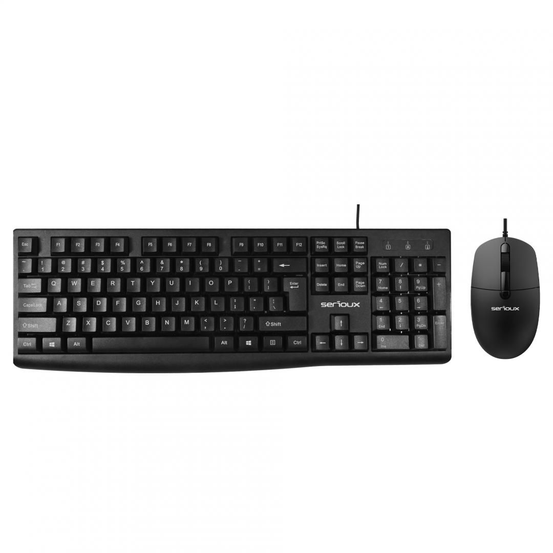 Kit Serioux cu fir, Tastatura: interfata USB, 104 taste, material ABS, US layout, lungime cablu 1.5m PVC,  dimensiuni 440*159*25mm, negru, Mouse: interfata USB, 6 butoane, polling rate 125 Hz, rezolutie DPI 800-1200-1600DPI, lungime cablu 1.5m PVC, dimensiuni 109*61*37mm, negru