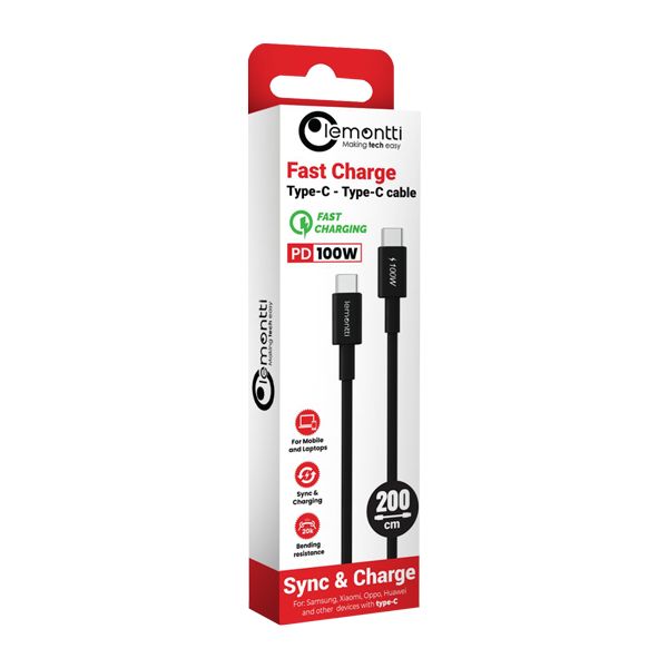 Cablu Lemontti Fast Charge Type-C la Type-C, PD, 100W, lungime 2m, Negru