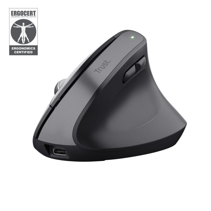 Trust Bayo+. Form factor: Right-hand, Vertical design. Movement detection technology: Optical, Device interface: RF Wireless + Bluetooth, Movement resolution: 2400 DPI, Buttons quantity: 6, Scroll type: Wheel. Power source: Batteries. Works on any surface. Product colour: Black