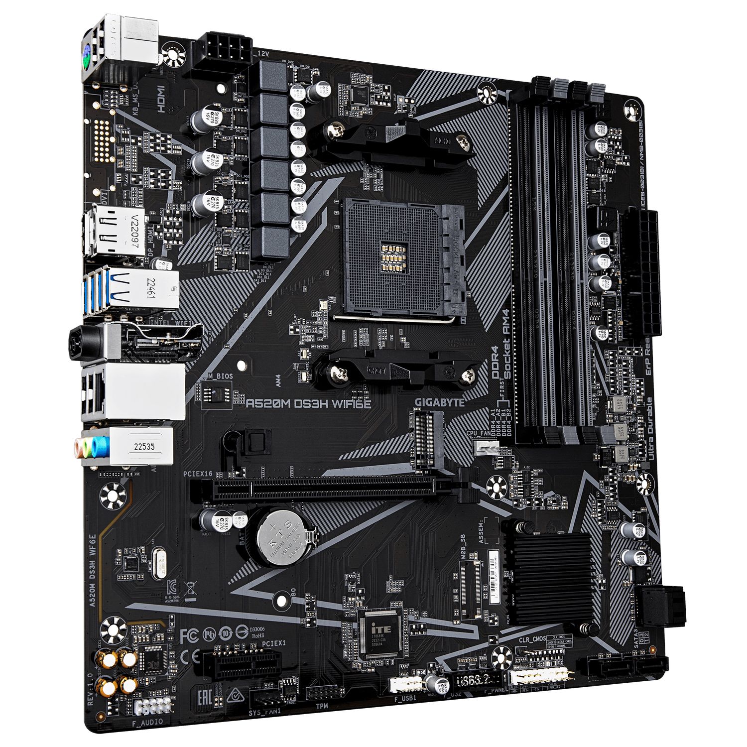 Placa de baza GIGABYTE A520M DS3H WIFI6E, socket AM4, 4x DDR4 UDIMM, 4x SATA, 1x NVMe, 9x USB-A, mATX