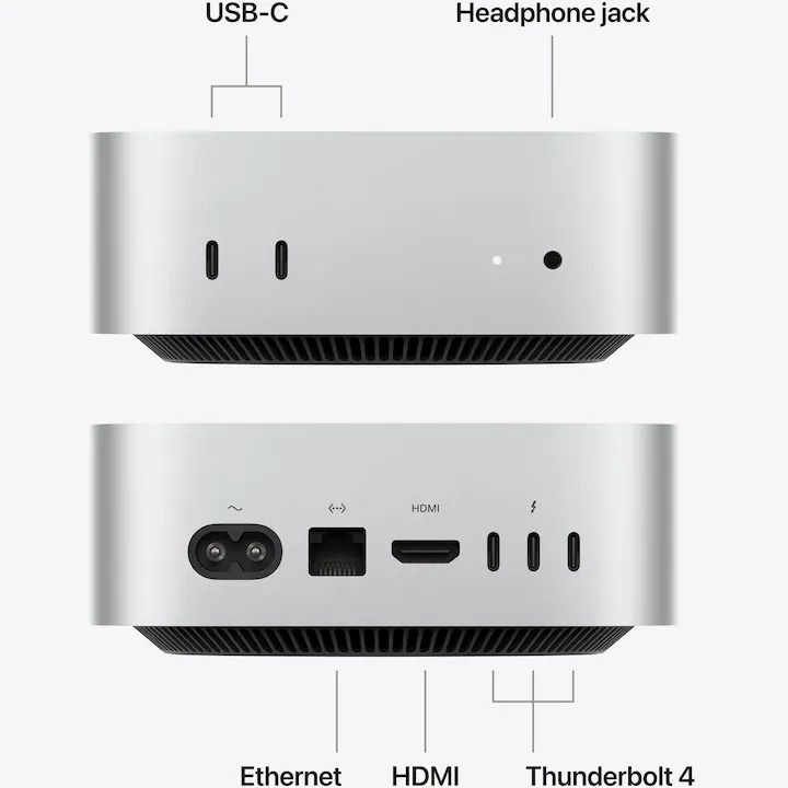 Desktop PC Apple Mac mini Mini PC, Apple M6 12-core (12 C / 12 T, Nespecificat - Nespecificat, Nespecificat cache, Nespecificat), 16 GB Unified System Memory, 512 GB SSD, Fara unitate optica, Apple 12-core Partajata, Adaptor extern, macOS